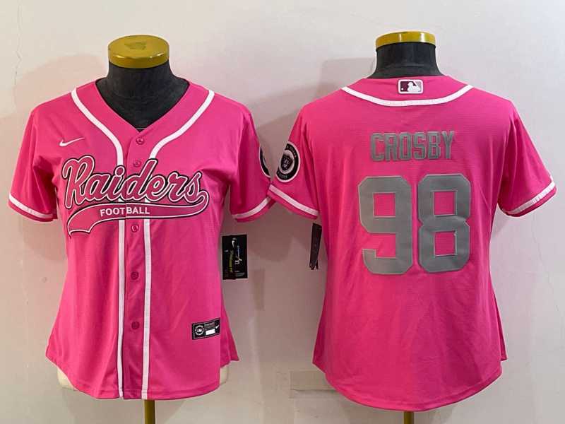 Women%27s Las Vegas Raiders #98 Maxx Crosby Pink With Patch Cool Base Stitched Baseball Jersey